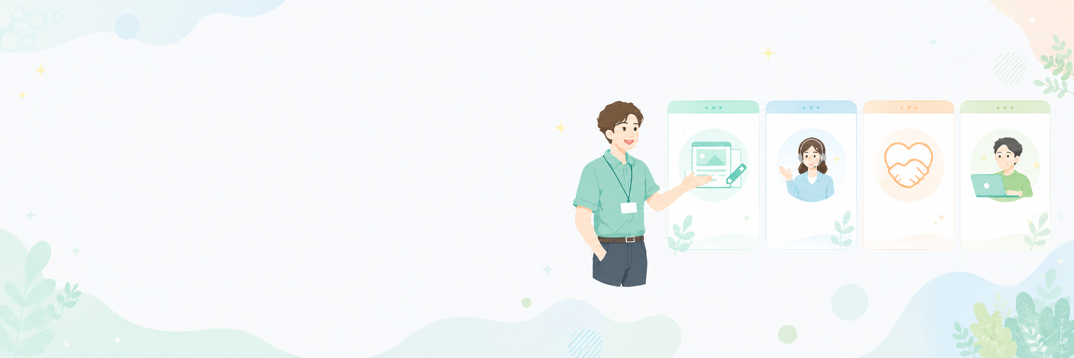 担当者が4つのサービスカードを紹介しているイラスト